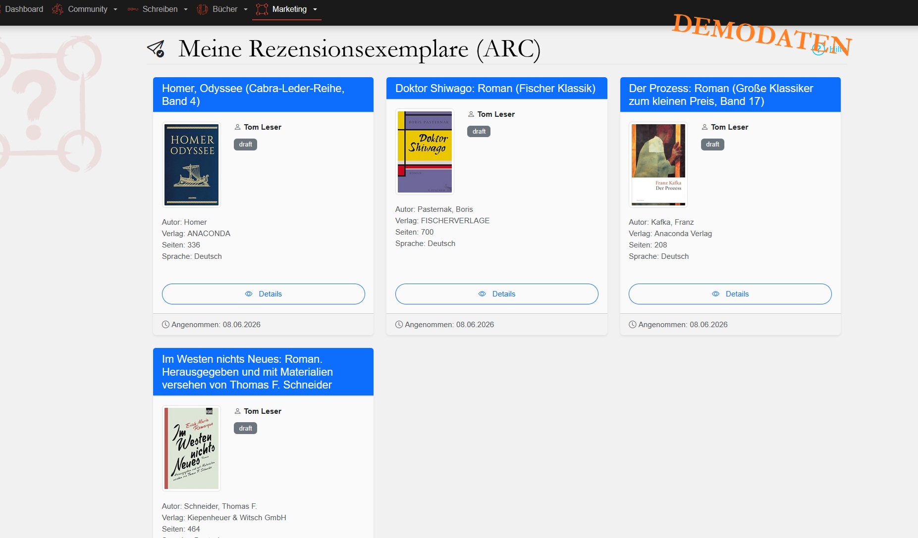 ReziRing – Übersicht der Leseexemplar-Gesuche im Dashboard